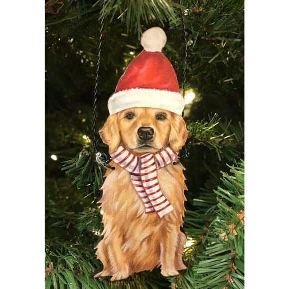 Golden Blonde Retriever Dog Ornament Christmas Tree Santa Hat Scarf Wire Hanger - Picture 1 of 3